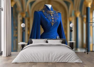 Regal merchants in luxurious blue robes, enhanced by AI technology, exemplify elegance and professionalism Wall mural