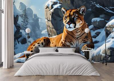 Regal mountain lion lounging gracefully among serene snowy rocks in an artistic digital landscape Wall mural