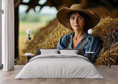 Relaxed woman farmer resting in barn filled with hay, embodying the essence of agricultural life and serene farming lifestyle in a picturesque farmland setting Wall mural