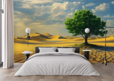 Resilient green tree amidst golden sand dunes showcases natures beauty in a harsh landscape Wall mural