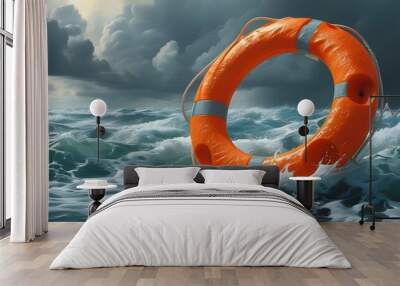 Resilient life ring floating amidst turbulent ocean waves beneath ominous storm clouds Wall mural