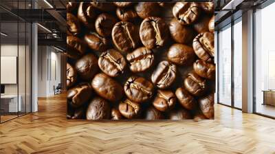 Richly roasted coffee beans arranged elegantly on a soft, neutral backdrop Wall mural