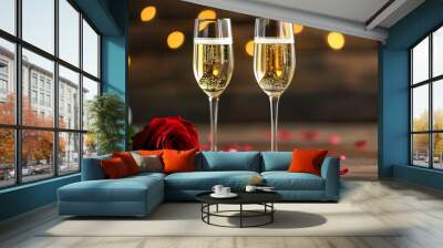 Romantic champagne flutes with sparkling wine and a solitary red rose in a minimalistic Valentines Day setting Wall mural