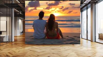 Romantic couple sitting back to back on the beach, enjoying the serene sunset and creating unforgettable memories together Wall mural