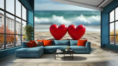 romantic red hearts nestled in sandy shore with serene sea backdrop symbolizing love and passion Wall mural