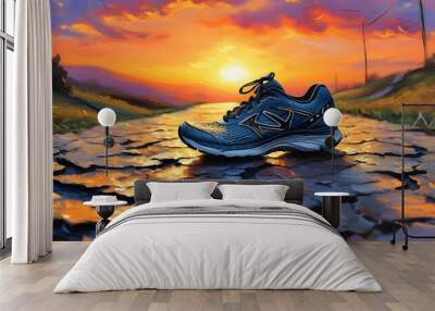 Runners shoes on cracked road under vibrant sunset, captured in expressive oil painting style Wall mural