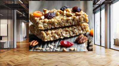 Rustic close-up of homemade granola bars topped with dried fruits and nuts on a weathered wooden surface Wall mural