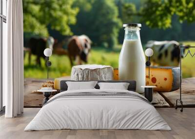 Rustic dairy scene featuring milk bottle and cheese on wooden table, highlighting farm lifestyle and natural agriculture production Wall mural