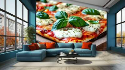 Rustic homemade rectangular pizza topped with tomato sauce, melted mozzarella cheese, and fresh basil leaves on a wooden board Wall mural