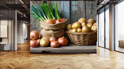 Rustic scene with burlap sacks of potatoes and onions alongside a basket of fresh greens against a weathered wooden backdrop Wall mural