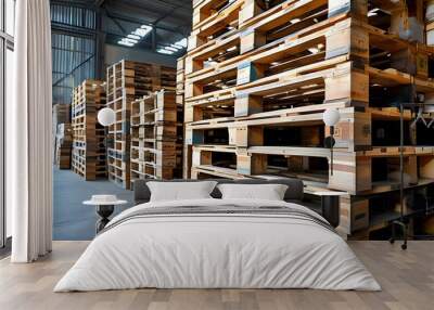 Rustic wooden pallets towering in an industrial warehouse environment Wall mural