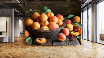 Rustic wooden table adorned with a vibrant selection of ripe apricots and a variety of fresh fruits Wall mural