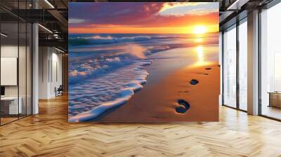 Sandy beach footprints at sunset with gentle ocean waves, evoking summer travel and vacation vibes for stunning wallpaper or banner designs Wall mural