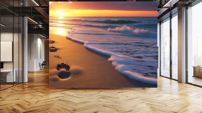 Sandy beach footprints at sunset with gentle ocean waves, evoking summer travel and vacation vibes for stunning wallpaper or banner designs Wall mural