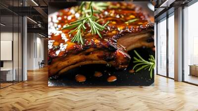 Savory BBQ rib glistening with sauce and garnished with rosemary on a sleek black slate alongside a bowl of tangy BBQ sauce Wall mural