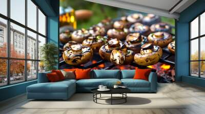 Savory grilled portobello mushrooms on an outdoor barbecue grill celebrating healthy eating and vegetarian cuisine Wall mural