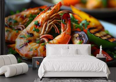 Savory grilled shrimp with vibrant vegetables on an elegant plate Wall mural