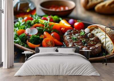 Savory grilled steak with vibrant vegetables and fresh bread, prepared for a delightful dining experience Wall mural