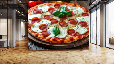 Savory salami and mozzarella cheese pizza displayed on rustic wooden surface Wall mural