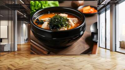 Savory seaweed soup with tender meat served in a stylish black bowl Wall mural