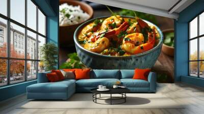 Savory shrimp curry with aromatic herbs in a ceramic bowl alongside fluffy steamed rice Wall mural