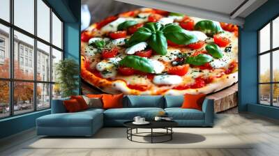 Savory wood-fired pizza adorned with fresh basil, creamy mozzarella, and rich tomato sauce on a rustic wooden board Wall mural