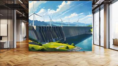 Scenic dam harnessing renewable energy with wind turbines in the backdrop Wall mural