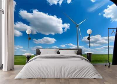 Scenic view of modern windmills on a grassy field against a clear blue sky through a car window Wall mural