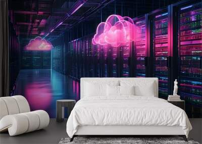 Seamless Hybrid Cloud Integration Architecture Showcasing On-Premises Infrastructure and AI with Vibrant Neon Cloud Symbol Wall mural