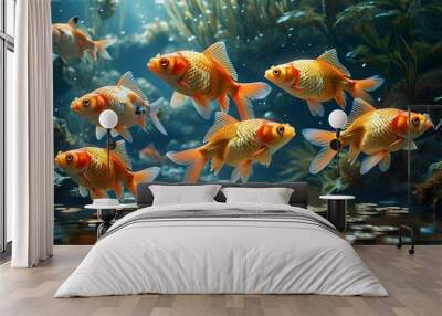 serene aquatic scene of fish swimming in a river of silver coins, reflecting abundance and wealth in a richly detailed underwater background Wall mural