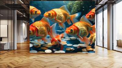 serene aquatic scene of fish swimming in a river of silver coins, reflecting abundance and wealth in a richly detailed underwater background Wall mural