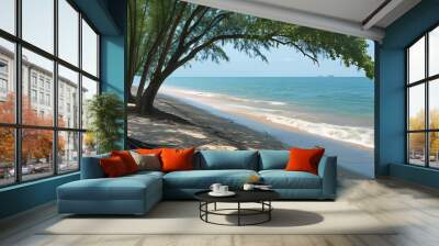 serene beachscape with lush trees swaying in the gentle breeze Wall mural