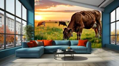 Serene brown cow grazing in a lush meadow at sunset, embracing the tranquility of farm life and natures beauty Wall mural