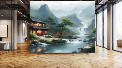 Serene Chinese Landscape with Oriental House Nestled in Misty Valley and Flowing Waterfall Wall mural