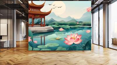 Serene Chinese Summer Landscape with Lotus Blooming in Tranquil Pond Wall mural