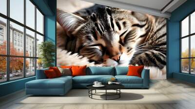 Serene close-up of a sleeping tabby cat on a fluffy blanket, highlighting intricate fur patterns and a tranquil demeanor. Wall mural