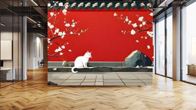 Serene illustration of traditional red wall adorned with plum blossoms alongside an elegant white cat Wall mural