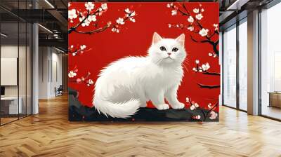 Serene illustration of traditional red wall adorned with plum blossoms alongside an elegant white cat Wall mural