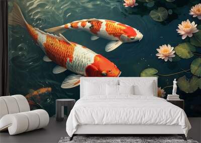 Serene koi fish swimming gracefully in a picturesque canal setting designed by AI artistry Wall mural