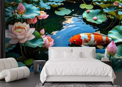 Serene koi pond adorned with vibrant lotus blooms and lush green leaves in a tranquil aquatic setting Wall mural