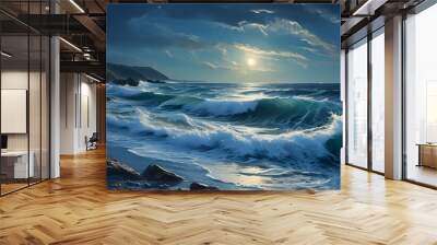 Serene Moonlit Seascape with Crashing Waves and Peaceful Shoreline Wall mural