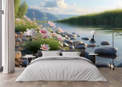 Serene riverbank adorned with blooming flowers and smooth pebbles, capturing the beauty of nature in photorealistic detail Wall mural