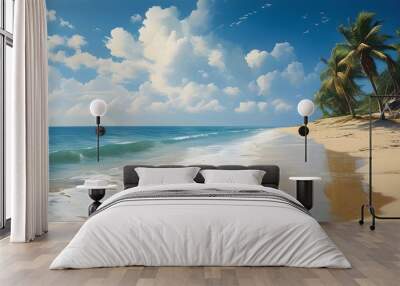 serene sandy beach with gentle waves and clear blue skies Wall mural