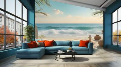 Serene sandy beach with gentle waves creating a peaceful backdrop for lifestyle product presentations Wall mural