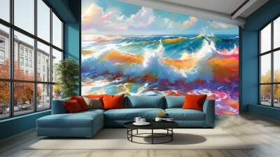 Serene sea waves in vibrant pastel hues creating a bright and inviting atmosphere Wall mural