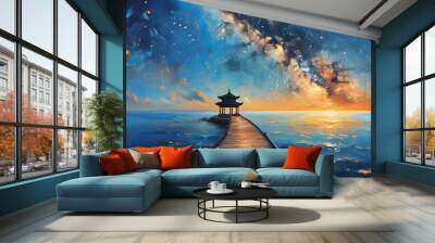 Serene seascape with a galaxy sky above a pavilion at the end of a wooden pathway stretching toward the horizon in an enchanting oil painting illustration Wall mural