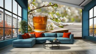 Serene spring morning with cup of tea on wooden table and blossoms in the background, evoking a tranquil atmosphere for breakfast or afternoon tea. Wall mural