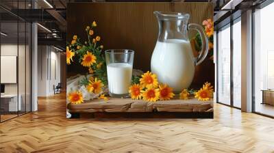 Serene still life featuring a glass of milk and pitcher on a rustic wooden table Wall mural