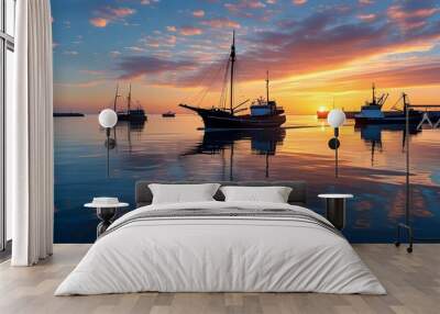 Serene Sunrise at Harbor with Boats Gently Rocking in Calm Waters Wall mural