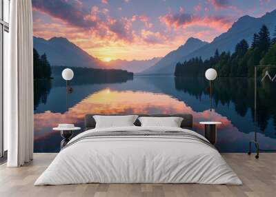 Serene sunrise illuminating a tranquil lake nestled amidst vibrant mountains and lush trees mirrored in the calm water Wall mural